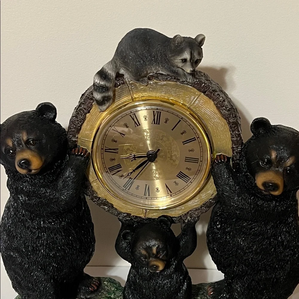 Charming Black Bear 🐻 Family Holding a Birch Log Clock with Raccoon 🦝 on the Top